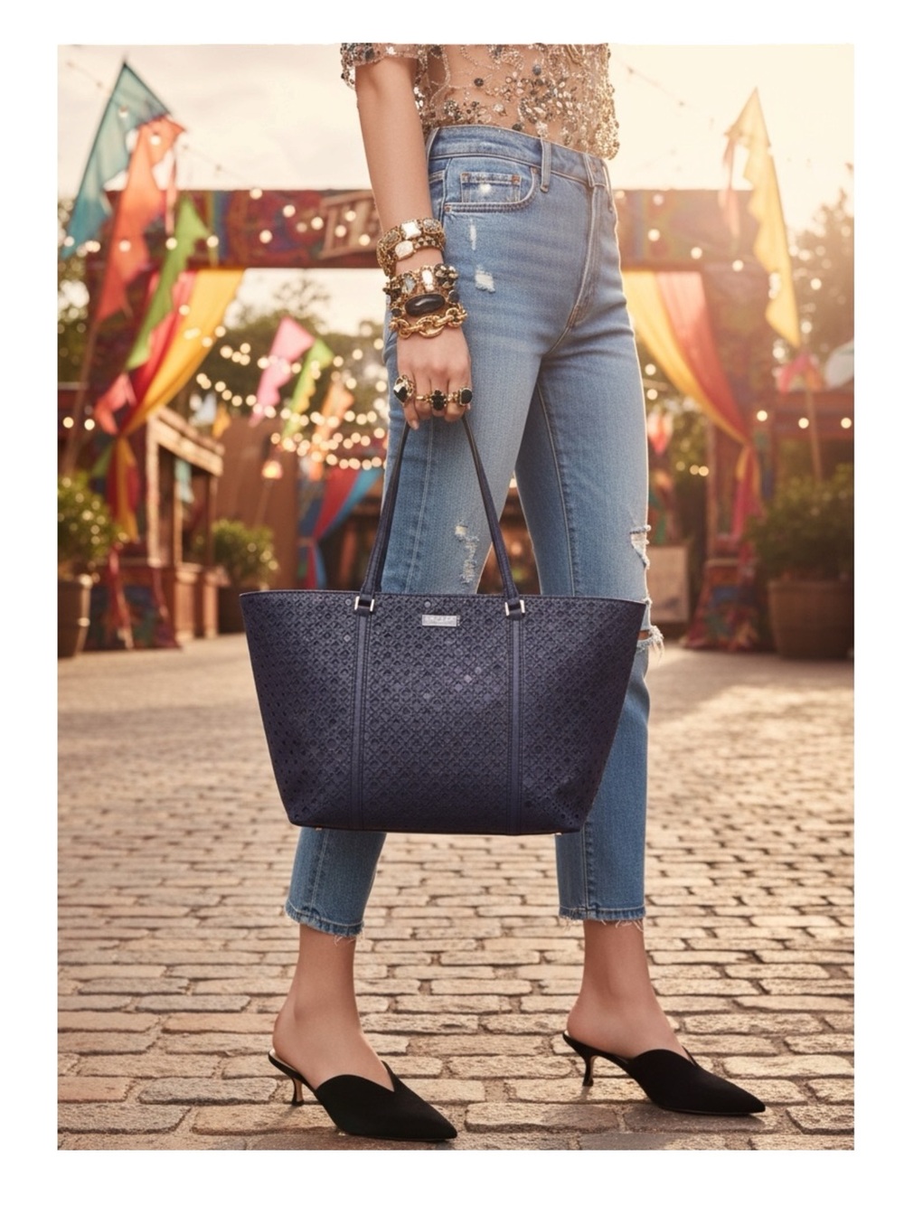 Kate Spade Dally Newbury Lane Caining Large Tote Bag Handbag French Navy 